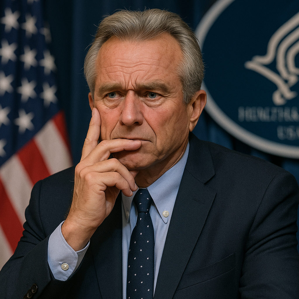 Close-up of a man in a suit with a serious expression, resting his chin on his hand, with a flag in the background.